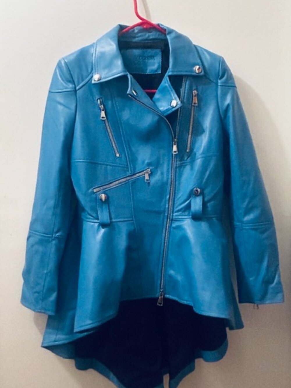 Madonna & Co Tailored Peplum Electric Blue Lined Zip Leather Moto Jacket NEW